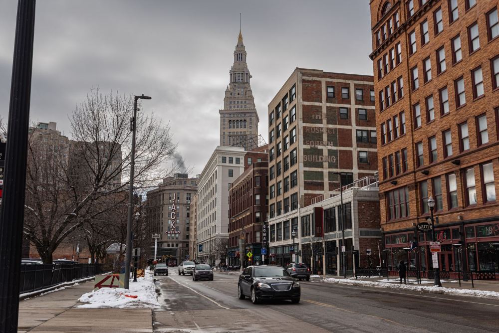 View of downtown Cleveland featuring Terminal Tower on a winter day.